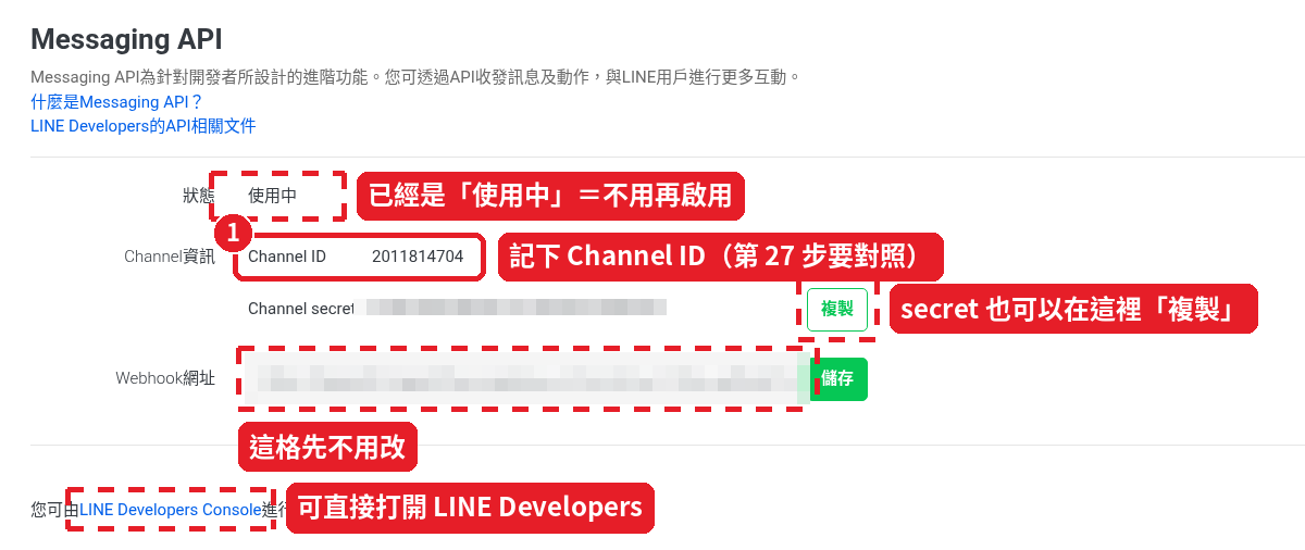 已有帳號：狀態「使用中」，這一頁就看得到 Channel ID、Channel secret 和 Webhook網址（secret 和網址已打馬賽克）
