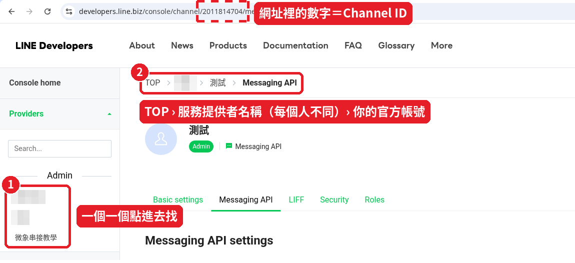 已有帳號：官方帳號「測試」在名稱不同的服務提供者底下（麵包屑：TOP › 服務提供者名稱 › 測試；其他名稱已打馬賽克）。網址裡的數字就是 Channel ID