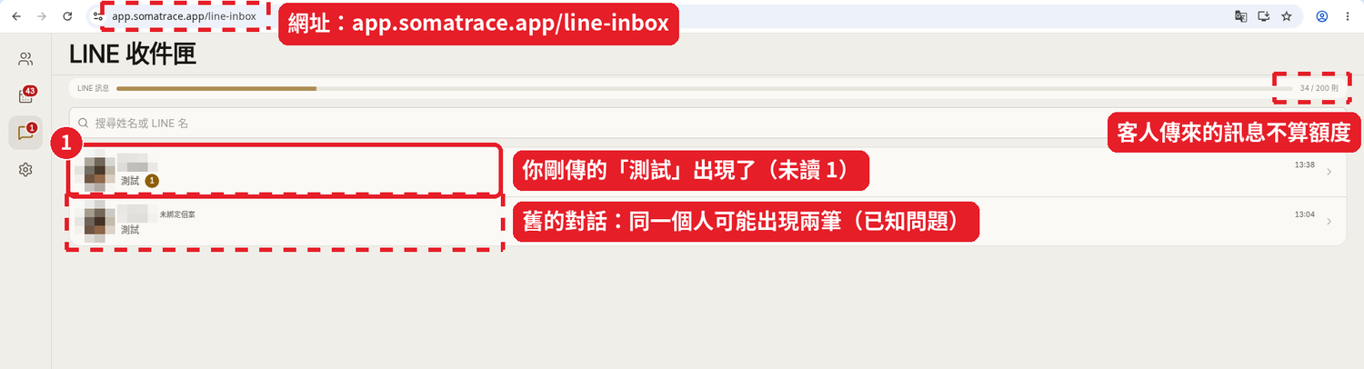 手機傳「測試」後，LINE 收件匣最上面出現新訊息（13:38），用量維持 34 / 200 則