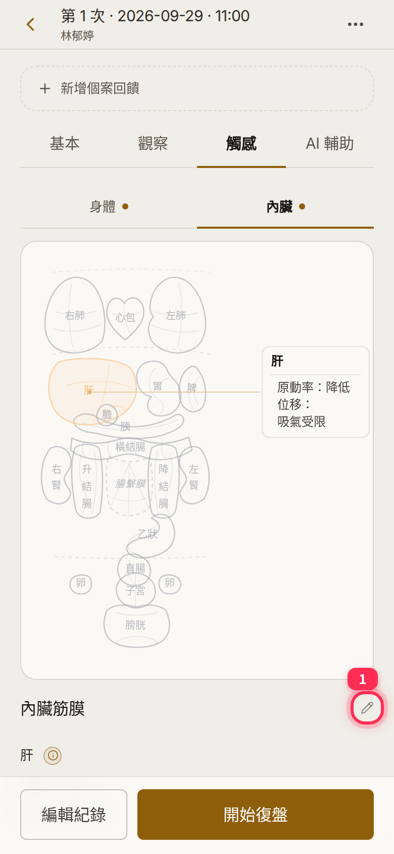 儲存後紀錄的「觸感」→「內臟」,肝的摘要與「內臟筋膜」旁的編輯鉛筆
