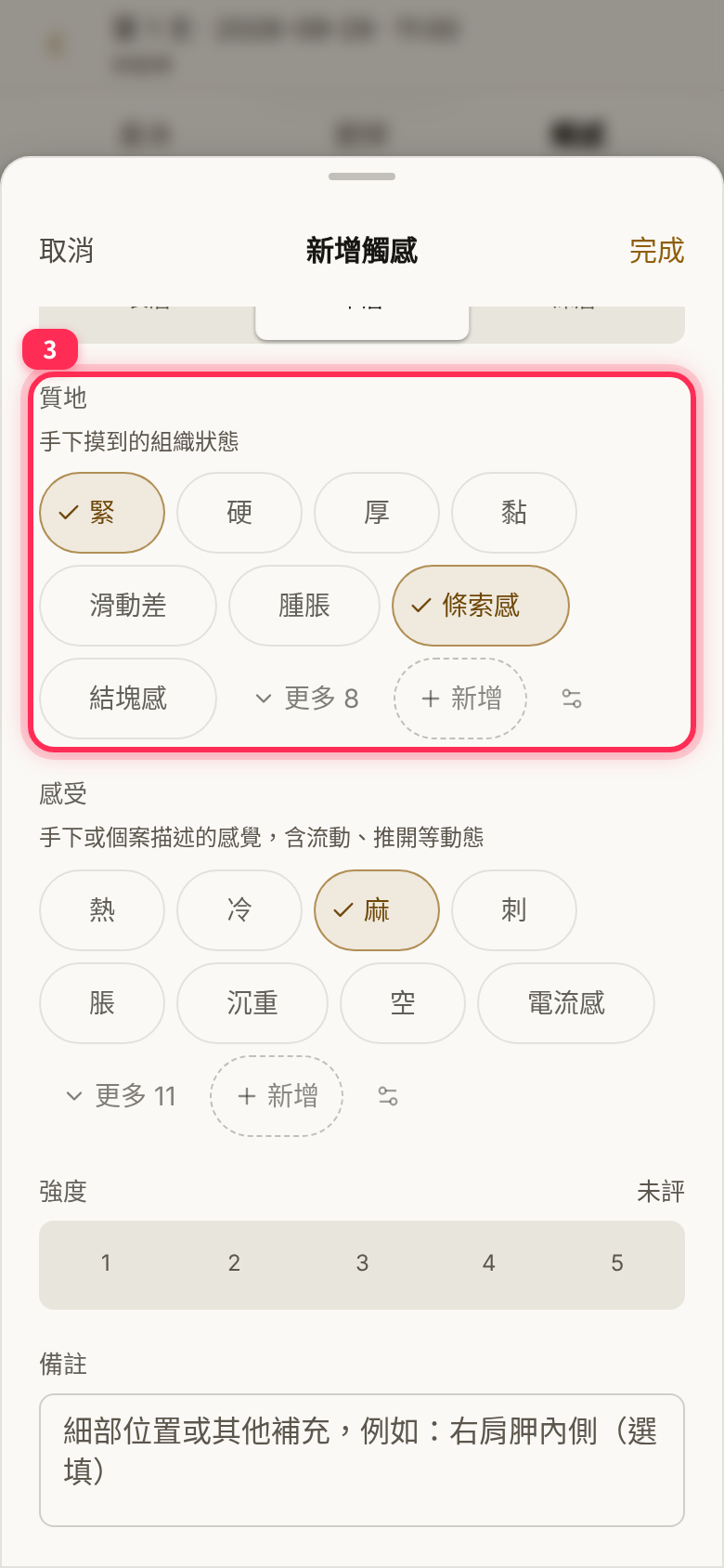 質地選了緊與條索感、感受選了麻,旁邊有「更多」,強度仍是「未評」